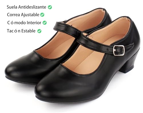 Flamenco Shoes for Girls Dance Dance Sevillanas with Adjustable Strap Heel, Non-Slip Sole