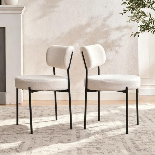 Puntogen White Dining Chairs Set of 2, Mid Century Modern Boucle Upholstered Kitchen Chairs with Curved Backrest & Metal Legs, Round Dining Room Chairs for Small Space, Set of 2 at Amazon