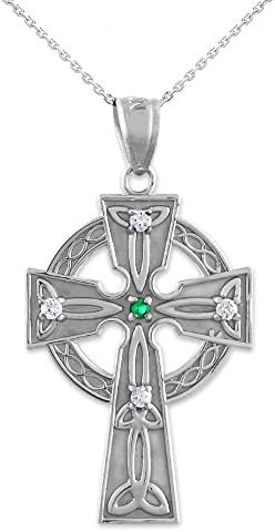 14k White Gold Celtic Trinity Diamond Cross Pendant Necklace with Emerald