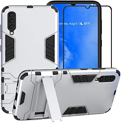 FaDream for Samsung Galaxy A70 Case, 2 in 1 Shockproof Hybrid Dual Layer Heavy Duty Protective Kickstand Cover with Tempered Glass Screen Protector for Samsung Galaxy A70(Silver)