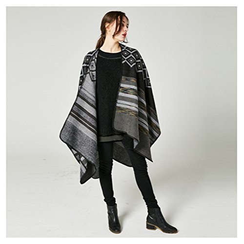 Poncho，Jelinda Women's Reversible Tassel Hem Batwing Sleeves Cape Poncho Cloak Jumper (Black) - Thumbnail 5