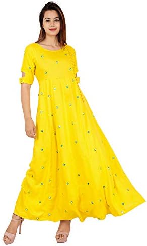 Fabsom Women's Long Embroidered Kurti, Yellow
