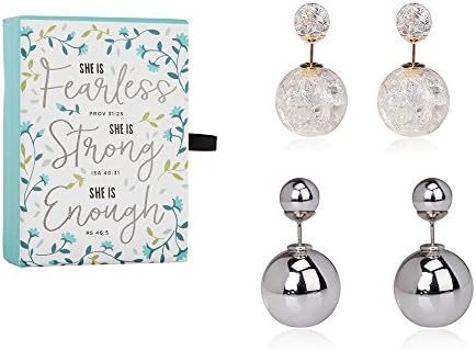 Shattered Glass and Metallic Silver Double Sided Studs in Quote Gift Box Set ("Fearless, Strong" Bible Verse)