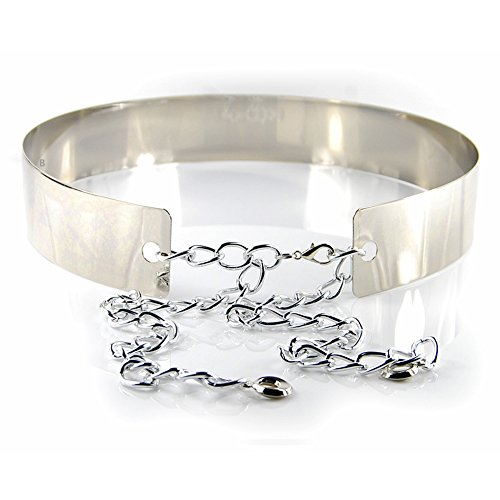 Women's Full Metal Mirror Waist Belt Metallic Belt with Chain 4.5CM Wide (Silver)