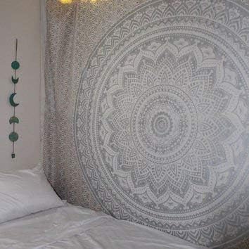 Tapestries - Popular Handicrafts Tapestry Queen Silver Ombre Mandala Hippie Wall Hanging Bohemian Bedspread With Extra Metallic Shine tapestries 84x90 Inches