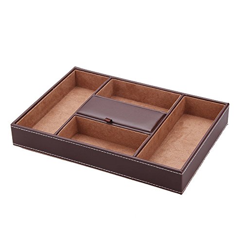 5 Compartment Leatherette Organizer Box for Wallets, Coins, Keys, and Jewelry (BROWN)