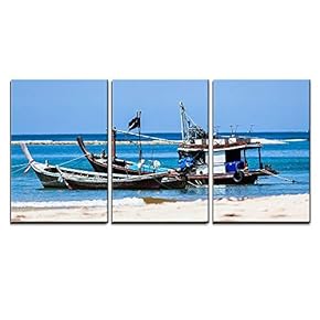 3 Piece Canvas Wall Art - Rowboats in Phuket,Thailand - Modern Home Art Stretched and Framed Ready to Hang - 16"x24"x3 Panels
