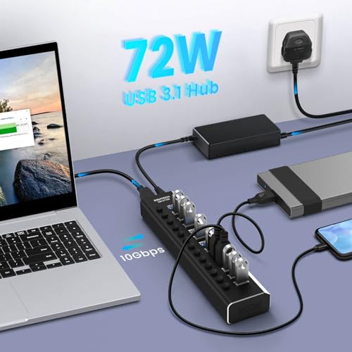 RSHTECH 2.RSH-A13 USB 3.0 Hub 13 Ports, Aluminium Multiport Hub with 12V/6A Power, Over Current and Overvoltage Protection, Independent Switch and Data Cable 10 Gbps
