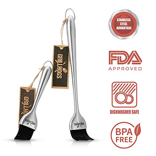 GRILLHOGS Sauce Basting Brush - Premium Stainless Steel Handles - Silicone Basting Brush - Dishwasher Safe Heat Resistant - Natural Long Lasting BBQ bush - Set of Two - Thumbnail 2