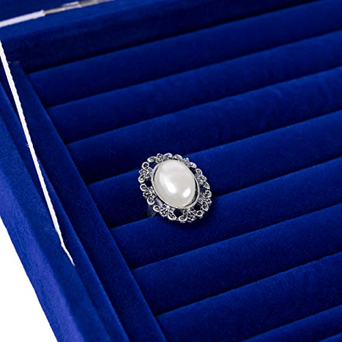 Hivory Ring Earrings & Studs Organizer Jewelry Box for Teen Girls ~7 Rows to hold Rings Earrings & Studs ~ Display Ring & Earring Box ~ Jewelry Storage & Display Box For Dressing Room or Travel (Blue)
