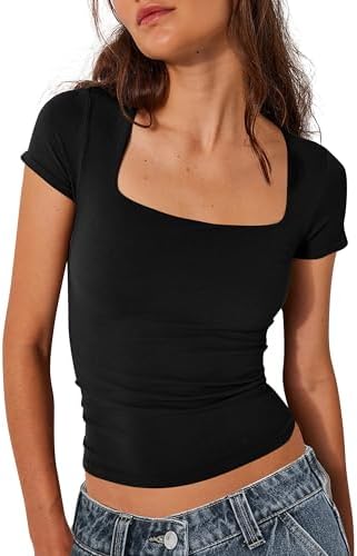 BAIGRAM Women Square Neck Crop Top Short Sleeve T Shirts Slim