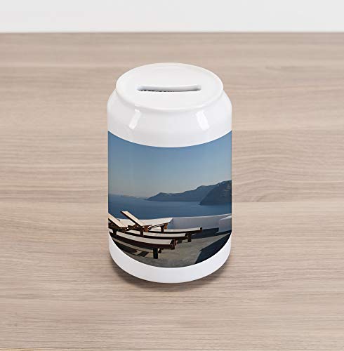 Lunarable Travel Cola Can Shape Piggy Bank, Sunlounger at Terrace in Santorini Greece Resort Relaxation Aegean Print, Ceramic Cola Shaped Coin Box Money Bank for Cash Saving, Pale Blue White Brown