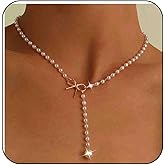 Boho Wedding Tiny Pearl Necklace Gold Dainty Pearl Y Shaped Lariat Drop Necklace Simple White Mini Bead Pendant Thin Chain Cute Small Beaded Strand Bowknot Choker Delicate Minimalist Jewelry for Women