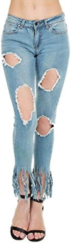 MADRACK213 Women's Chopped Fringe Hem Washed Vintage Denim Destroyed Skinny Jean (5(27))