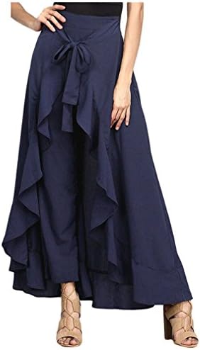 Pekepantsa Trousers Womens Elegant Pantalon Mujer Chiffon Tie-Waist Ruffle Long Pants Navy M