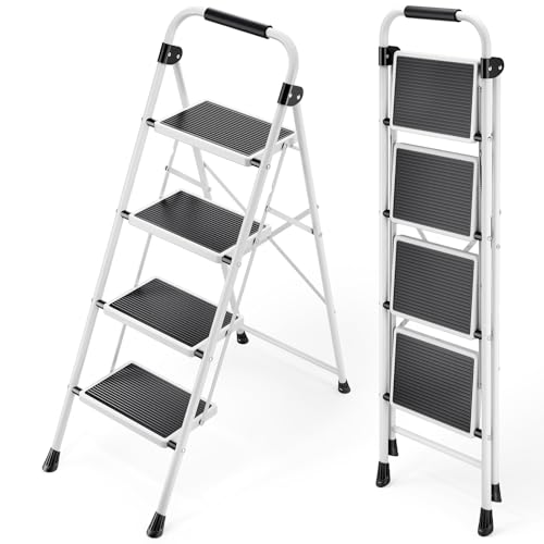 KINGRACK 4 Stufen Kleine Leiter, Trittleiter mit Anti-Rutsch, Breitem Pedal