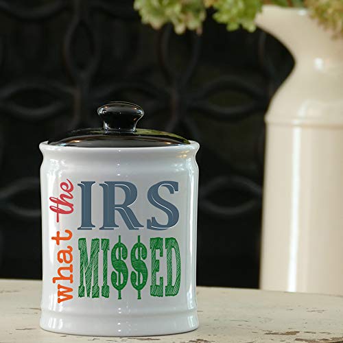 Tumbleweed - What The IRS Missed - White Round Ceramic Piggy Bank Jar With Black Lid - Funny Coin Bank - Gifts For Men