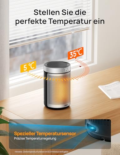 Dreo Energy Saving Fan Heater, 34 dB Quiet 1500 W Electric PTC Ceramic, Thermostat, Overheating & Tilt Protection, 12 Hour Timer, Electric Heater for Rooms, Bedroom, Atom 316, Silver