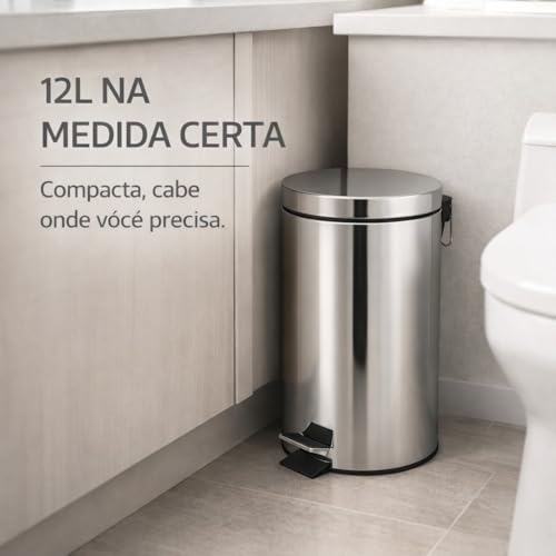 Lixeira Inox 12L com Pedal e Tampa Redonda 40cm Abertura Sem Mãos Compacta para Cozinha Banheiro Escritório Fácil Limpeza