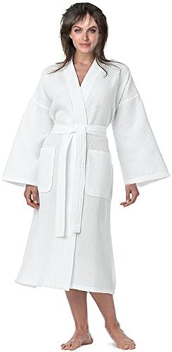 Lightweight Waffle Kimono Robe Short Women's Waffle Kimono Bathrobe Spa Cover Up (Long: S / M, Pure White)