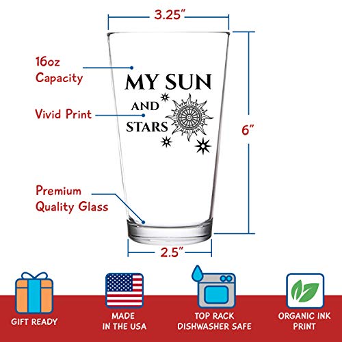 Moon of My Life My Sun and Stars Wine and Beer Glass Set for GOT Fan Couples- 12.75 oz Wine Glass & 16 oz Beer Pint Glass- Present for Mom and Dad- Inspired by Game of Thrones- Husband Wife Gift