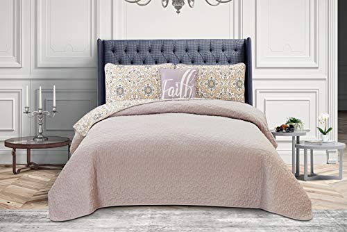 Hannah Linen 4 Piece Down Alternative Quilt Set with Shams and Decorative Pillow - Premium Quality - Hypoallergenic -Plush Microfiber Fill - Machine Washable - (King, Taupe Greyson) - Thumbnail 2