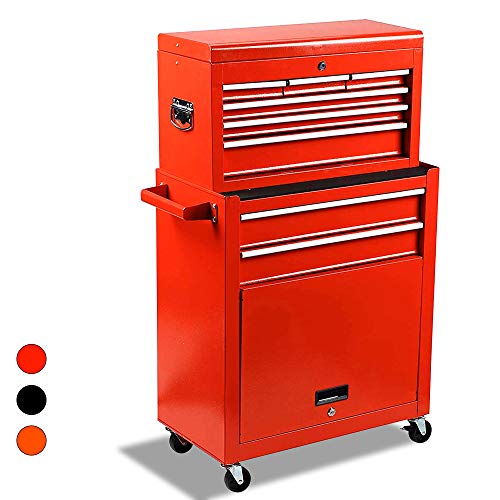 Big Removable Tool Chest, Rolling Tool Chests with Wheels (2PCS Lockable) and Drawers, Top Tray and Bottom Cabinet Door with Keyed Locking System, for Garage, Warehouse, and Workshop, etc(Red) - Thumbnail 7