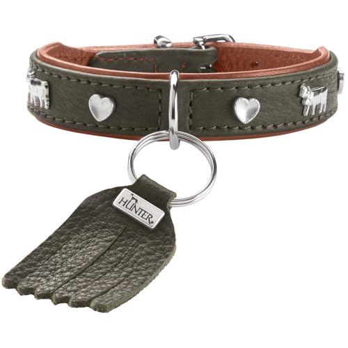 HUNTER Collar de Perro München Mini, Color: Verde/coñac, para Perros pequeños y Cachorros, Piel, Detalles Nobles, Suave y Resistente, Suave con el Pelo, Lujoso, sostenible, Fabricado en Alemania