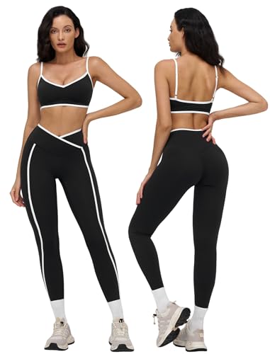 Womens Workout Sets Two Piece Spaghetti Straps Color Block Crop Tank Sports Bras Matching Tummy Control Leggings Gym Yoga Active Wear Pilates Outfits for Women 2 Piece Athletic Work Out Set Black S at Amazon