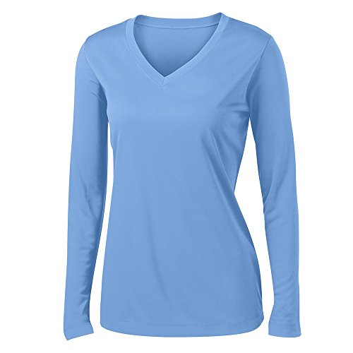Clothe Co. Ladies Long Sleeve V Neck Moisture Wicking Athletic Shirt, Carolina Blue, M