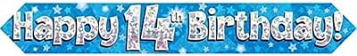 OakTree 9ft Banner Happy 14th Birthday Blue Holographic