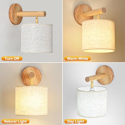 Gleonlux Vintage Interior Wall Light, Industrial Wood Wall Light E14, Retro Wall Lamp Fabric Lampshade, Sconces for Bedroom, Hallway, Living Room, Stairs, Bulb Not Included, Linen