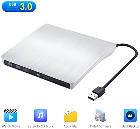 Yantop External DVD Drive, Portable USB 3.0 DVD CD Drive, External CD DVD Burner Writer Player for Apple Mac iMac Macbook Air/Pro Laptop Desktop PC, Support MAC Windows 8/7/XP/Vista, Silver