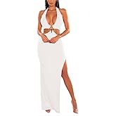 LuFeng Women's Sexy Sleeveless Halter V Neck Side Waist Cutout Backless Bodycon High Slit Maxi Long Dress
