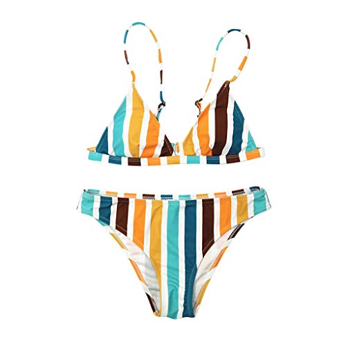 lotus.flower Women's Rainbow Striped Print Swimwear Bikini Swimwear Bandage Tankini Beach (S, Multicolor)