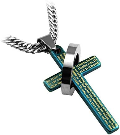 Blue Lord's Prayer Cross Halo Ring Pendant In English Scripture with 24" Curb Chain from RAPID SPIRIT - No God - No Peace. Know God - Know Peace!