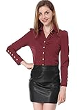 Allegra K Women Single Breasted Long Sleeve Button Decor Cuffs Shirt XL Burgundy