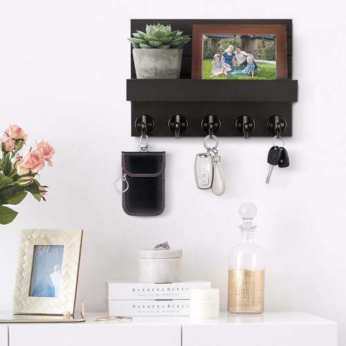Kldgris Key Rack with Shelf, Decorative Wooden Wall Shelf, Key Rack Wood Black, with 5 Key Hooks, for Entrance, Hallway, Bedroom, Living Room