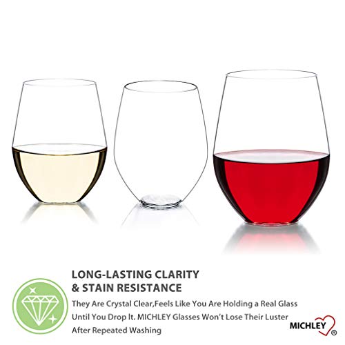 image for MICHLEY Stemless Red and White Wine Glasses 16oz, Unbreakable Tritan P
