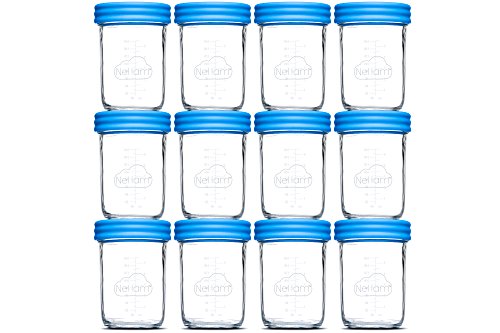 Nellam Baby Food Storage Containers - Leakproof, Airtight, Glass Jars for Freezing & Homemade Babyfood Prep - Reusable, BPA Free, 12 x 8oz Set, that is Microwave & Dishwasher Safe