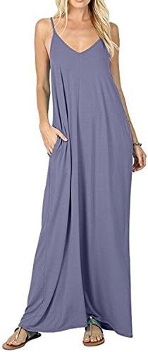 Women’s Casual Plain V-Neck Loose Beach Cover-Up Long Maxi Cami Dress Pockets