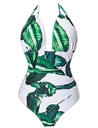 SouqFone Trajes de baño de una pieza para dama con control de barriga, bañadores profundos sin espalda, traje de baño Halter
