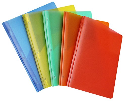Premium - 2 Deep Pocket Transparent Plastic Folder With 3 Fastener Hole Clasps and Prongs, Includes Card Slot, Assorted Primary Colors for Office or School Projects and Presentations (Pack of 5)