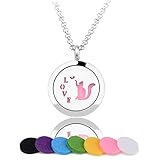 Eudora Lovely Cat Aromatherapy Essential Oil Fragrant Diffuser Locket Pendant Necklace 20'' Chain & 6 Pads Mix