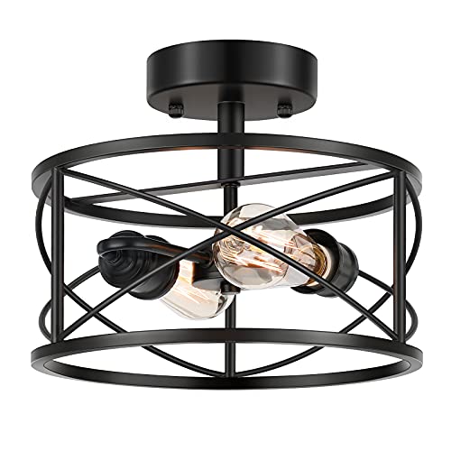 Industrial 2-Light Semi Flush Mount Ceiling Light Fixture, Modern Farmhouse Close to Ceiling Light with Metal Cage, Black Vintage Chandelier Ceiling Lamp for Kitchen Dining Room Bedroom Porch Hallway
