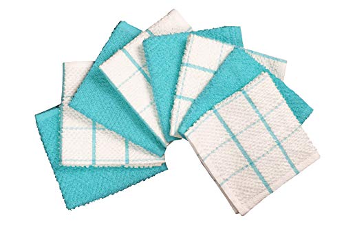 CASA DECORS Terry Kitchen Dishcloth Set of 8 (12 x 12 Inches), Turquoise, 100% Cotton, Highly Absorbent, Machine Washable