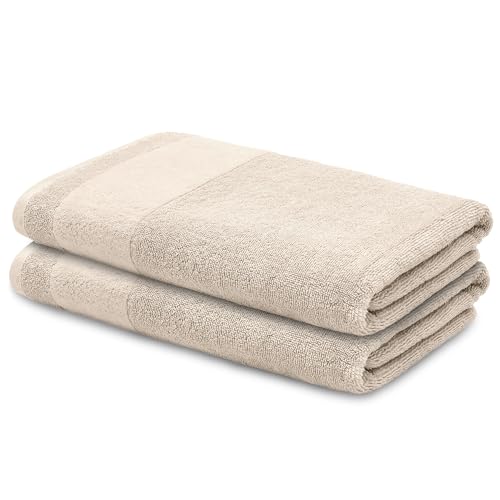 LOOKS BY WOLFGANG JOOP 2X Duschtuch 70x140 cm – 100% Baumwolle Doppelpack Luxus Duschtücher mit Aufhänger & Logostick, 2er Set große Handtücher beige