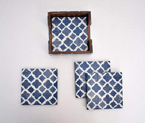 Ogee Pattern Coasters, Set of 4 with Coaster case, Handcrafted, Blue and White, Textured, Square Shape, Wood, Size : 4x4x0.5 inches