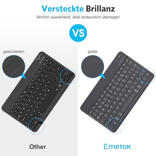 Emetok German Bluetooth Keyboard for iPad Air/Pro/Mini/10.9/10.2/9.7/iPhone/Android, Magnified Keycaps, Rechargeable, QWERTZ, Portable Wireless, Ultra Thin, Black