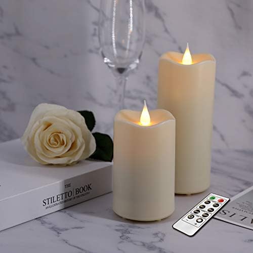 Flameless Waterproof Outdoor Candles, LED Battery Operated Candles Set with Remote Timer 3D Realistic Flickering Flames for Outdoor Home Hotel Restaurant Decoration Ivory 3×4 3×6 inch Set of 2